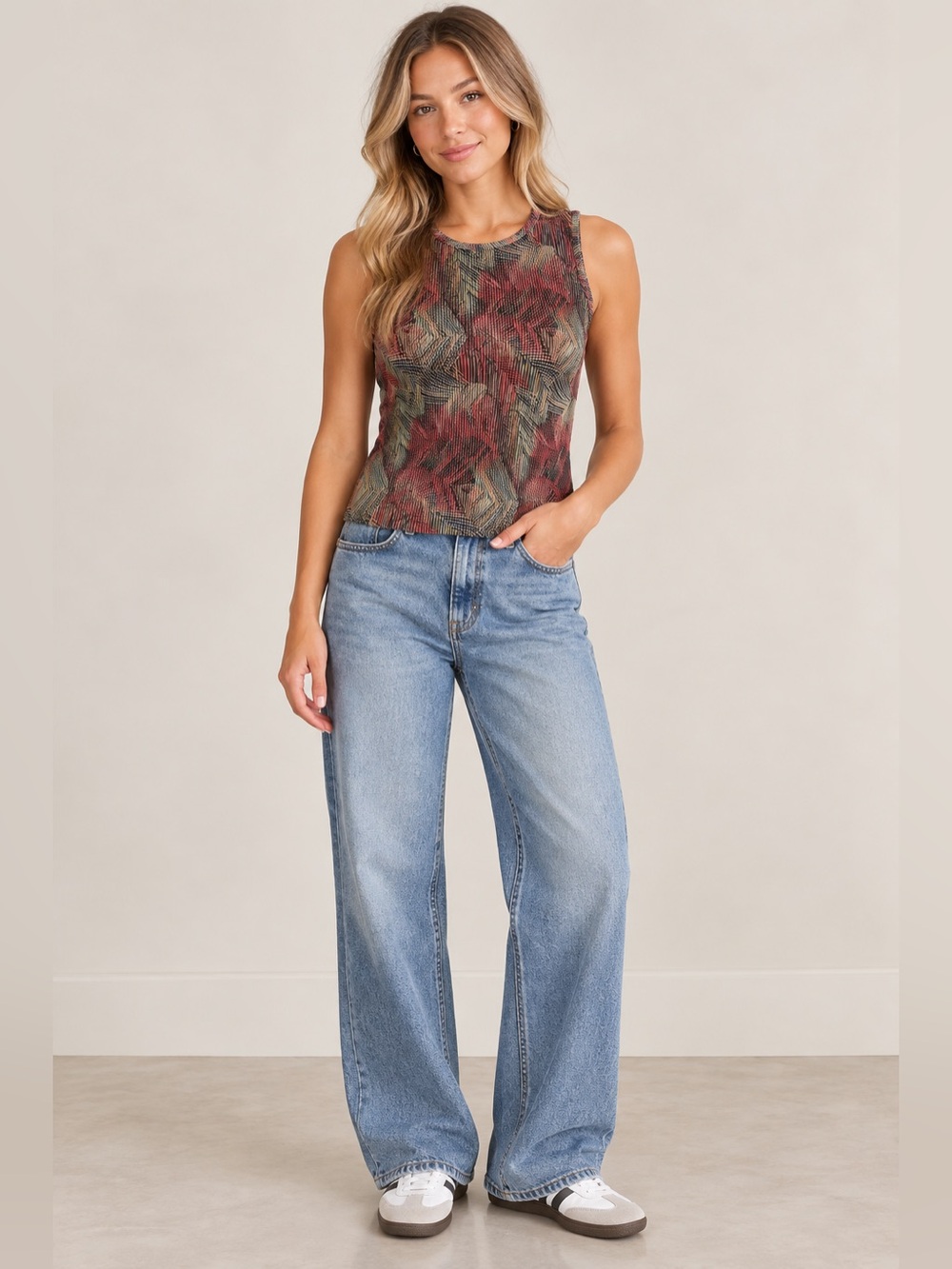 Y2K Pleated Geometric Sleeveless Tank Top - Red Multi